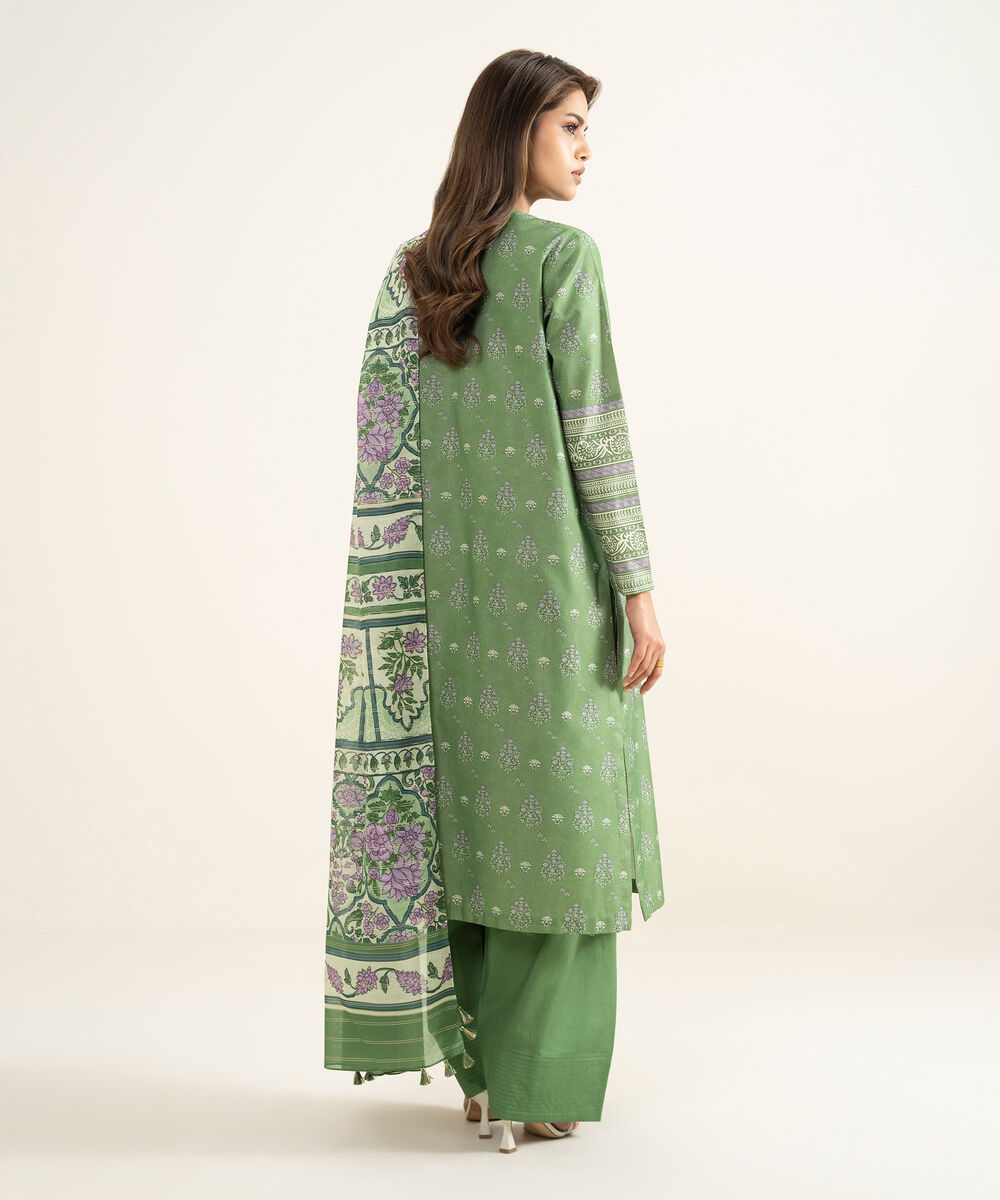 Women's Unstitched Zari Lawn Printed Green 3 Piece Suit