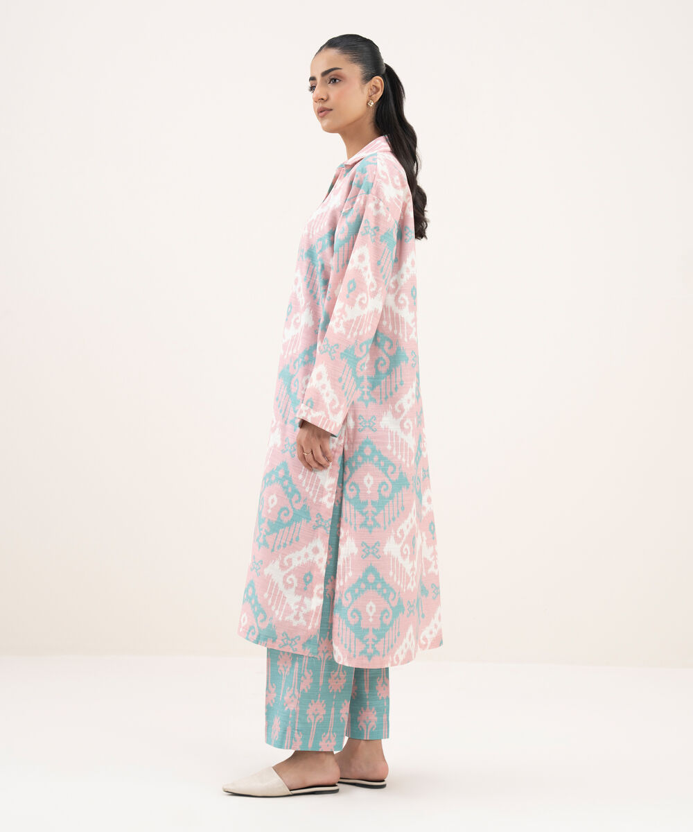 Women's RTW Khaddar Printed Drop Shoulder Pink Shirt