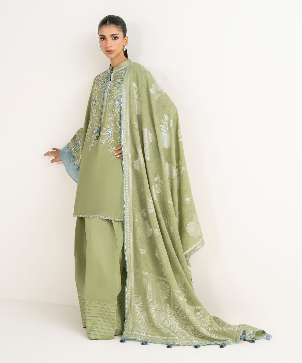 Women's Unstitched Fine Cotton Satin Embroidered Green 3 Piece Suit