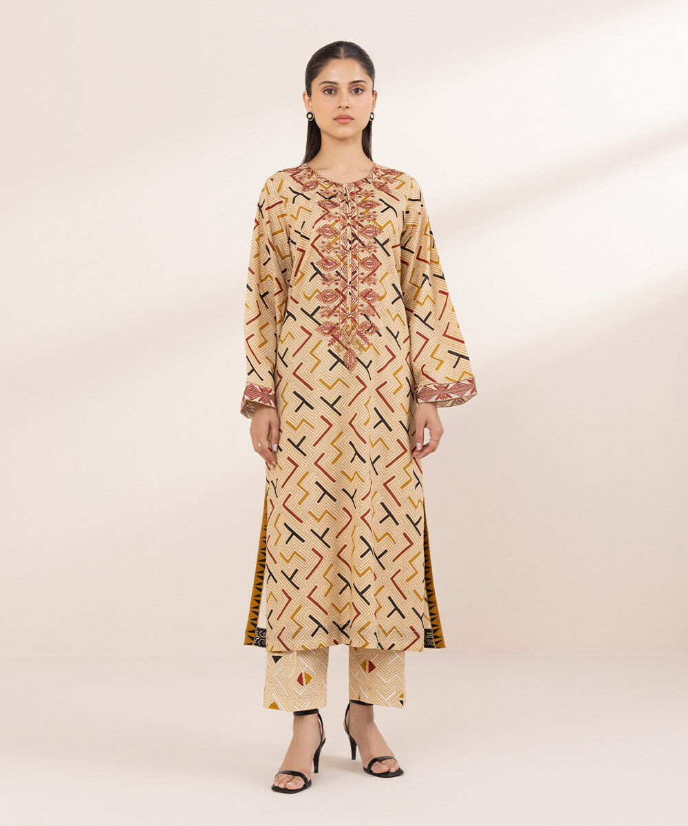 Women's RTW Lawn Beige Embroidered A-Line Shirt