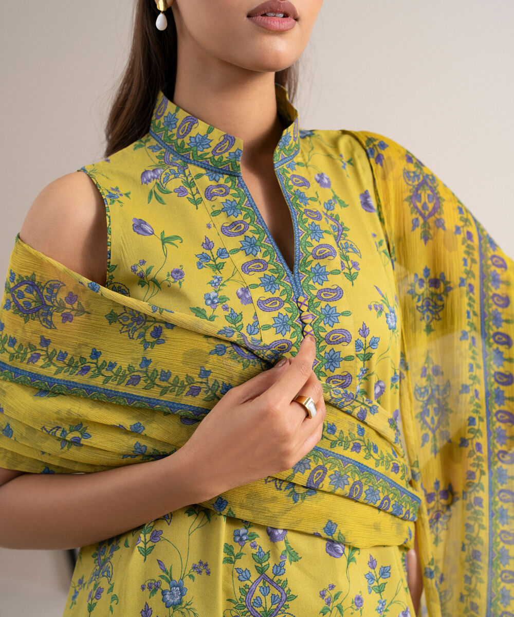 Women's Unstitched Lawn Printed Yellow 3 Piece Suit
