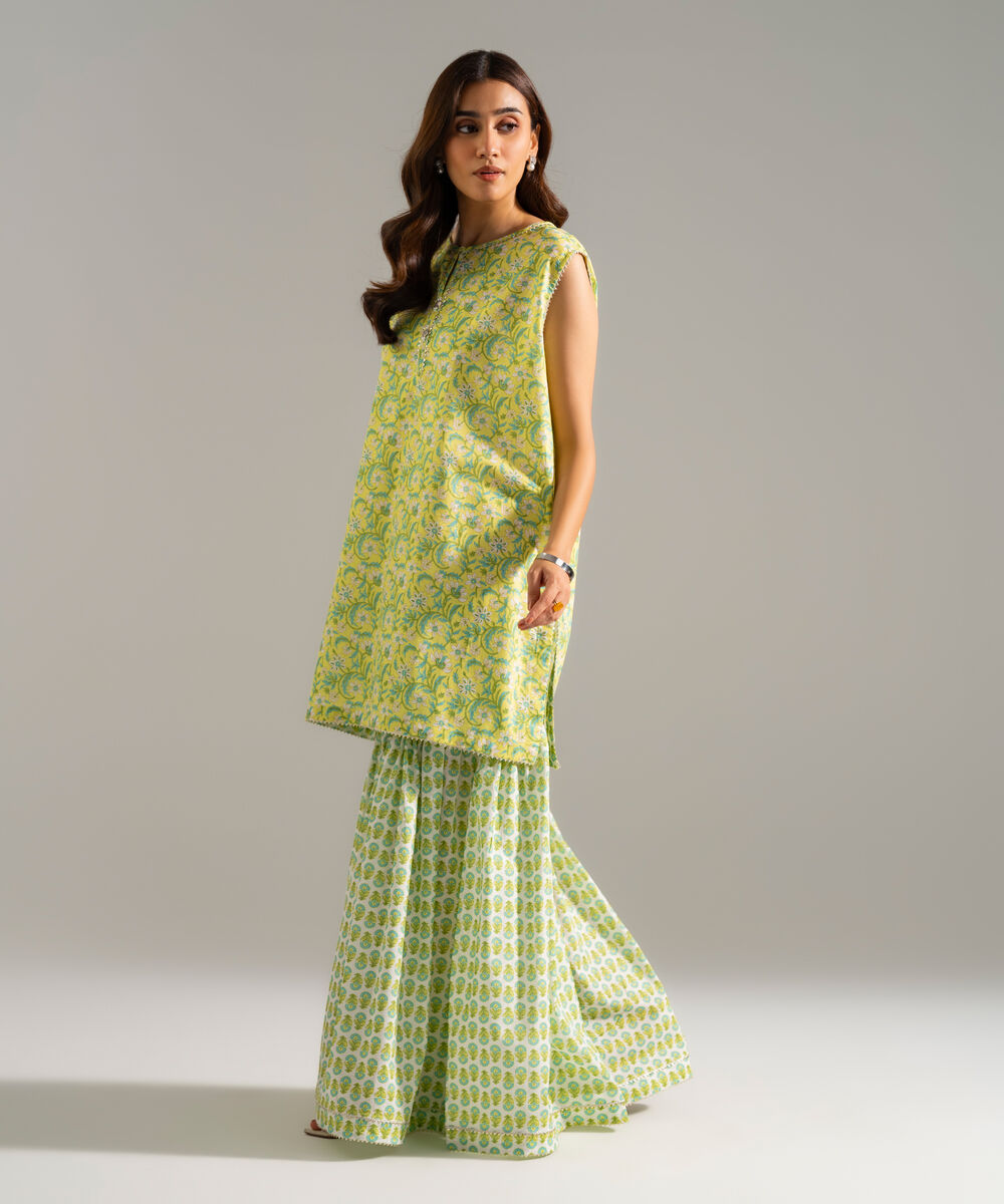 Women's RTW Slub Lawn Printed Green Straight Shirt