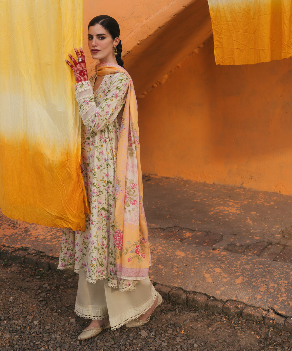 Women's RTW Cotton Satin Embroidered Pale Green 3 Piece Suit