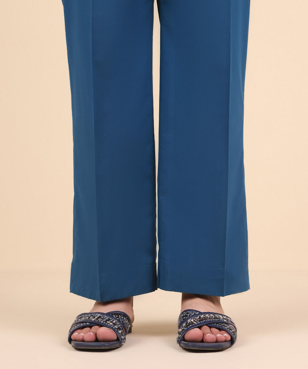 Women's Pret Cambric Blue Solid Straight Pants