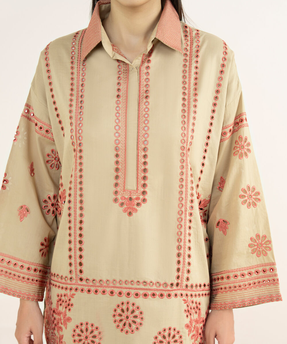 Women's RTW Cross Hatch Beige Embroidered Boxy Shirt