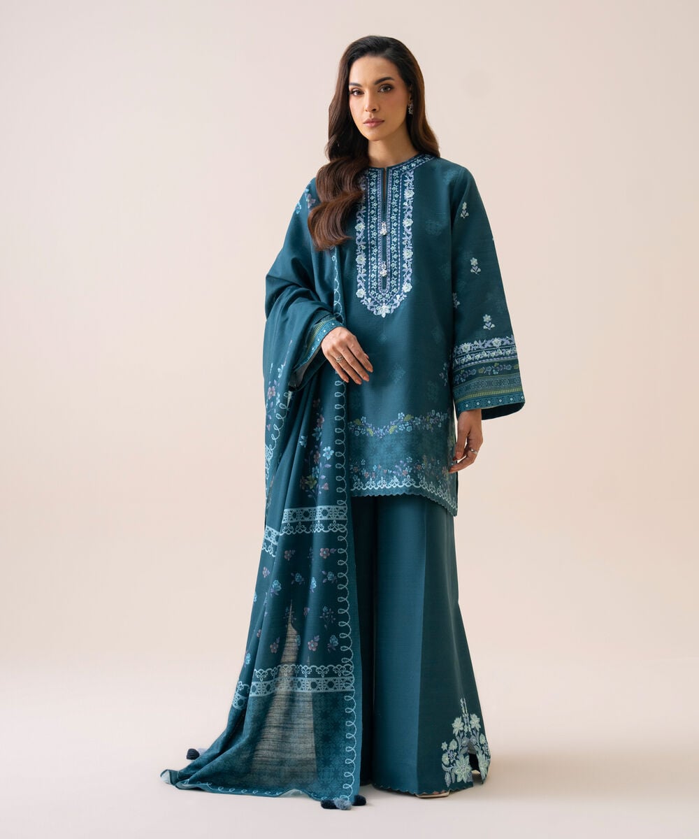 Women's Unstitched Light Khaddar Embroidered Teal Blue 3 Piece Suit