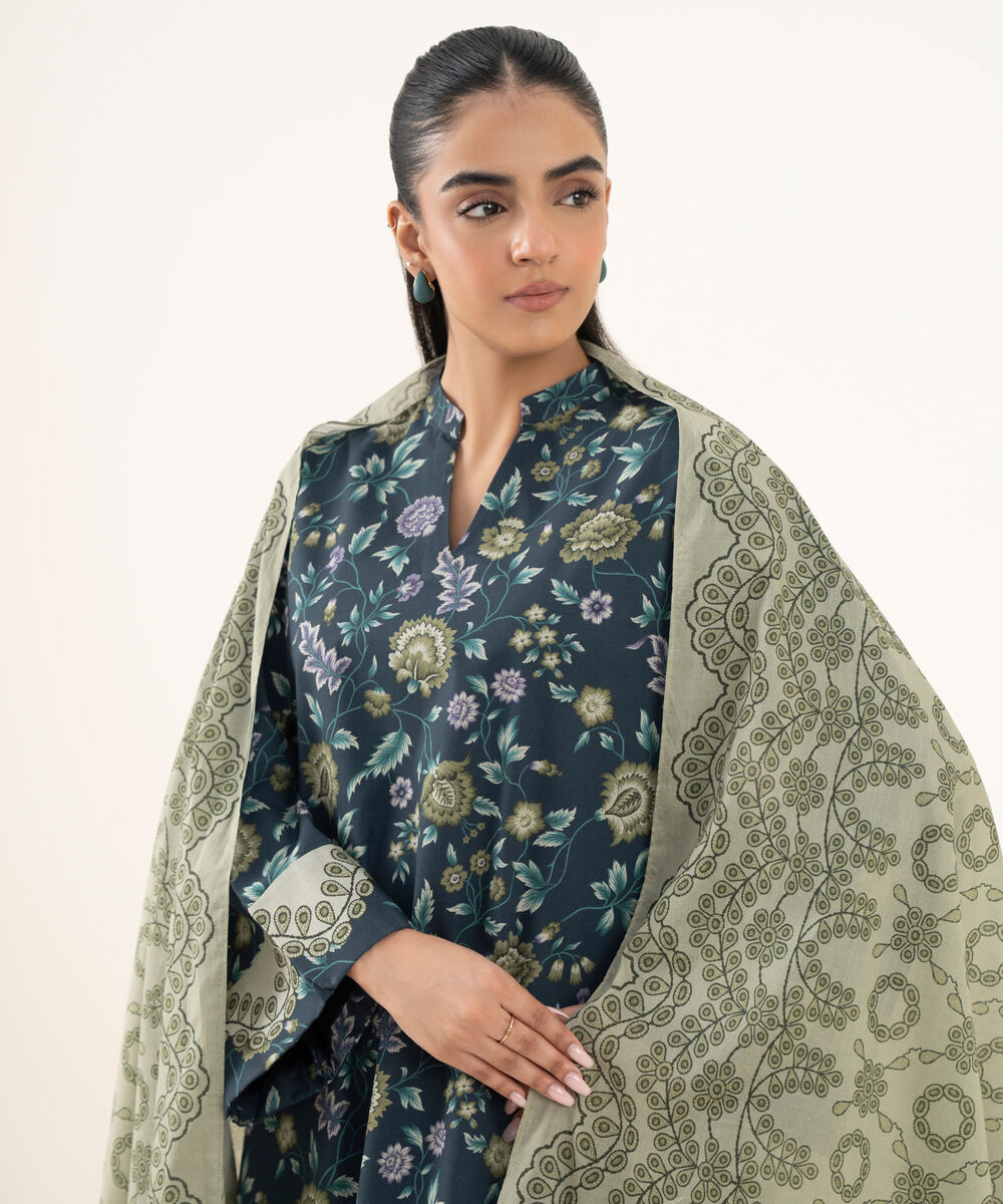 Women's Unstitched Cotton Printed Blue Three Piece Suit