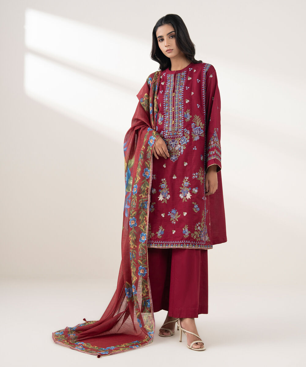 Women's RTW Dobby Embroidered Maroon 3 Piece Suit