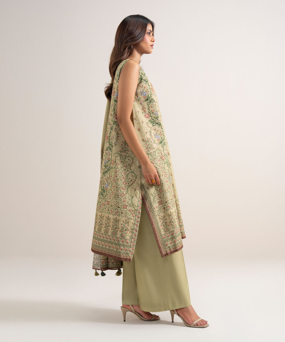 Women's Unstitched Zari Lawn Printed Beige 3 Piece Suit