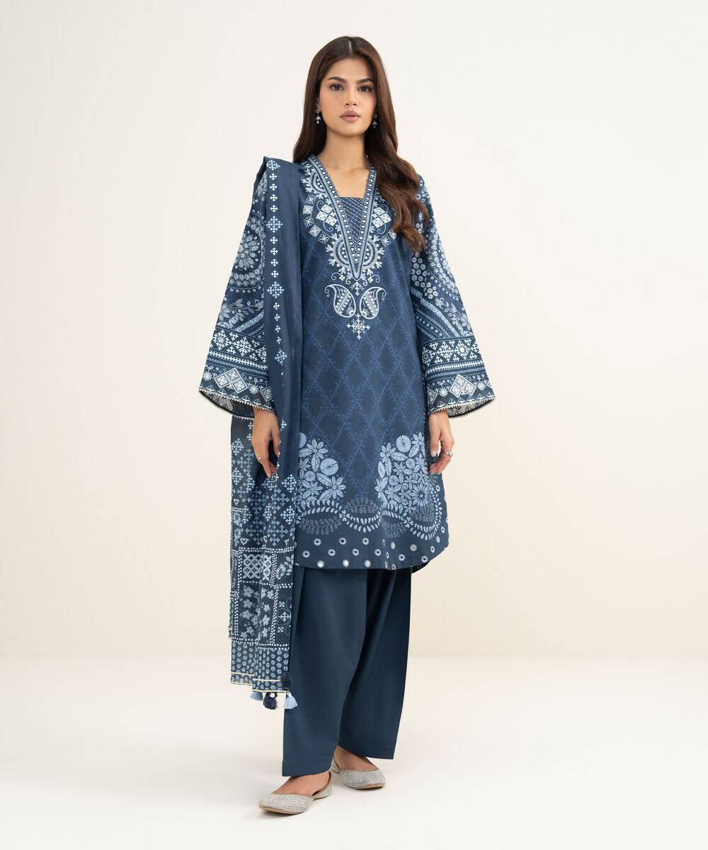 Women's Unstitched Lawn Embroidered Blue 3 Piece Suit