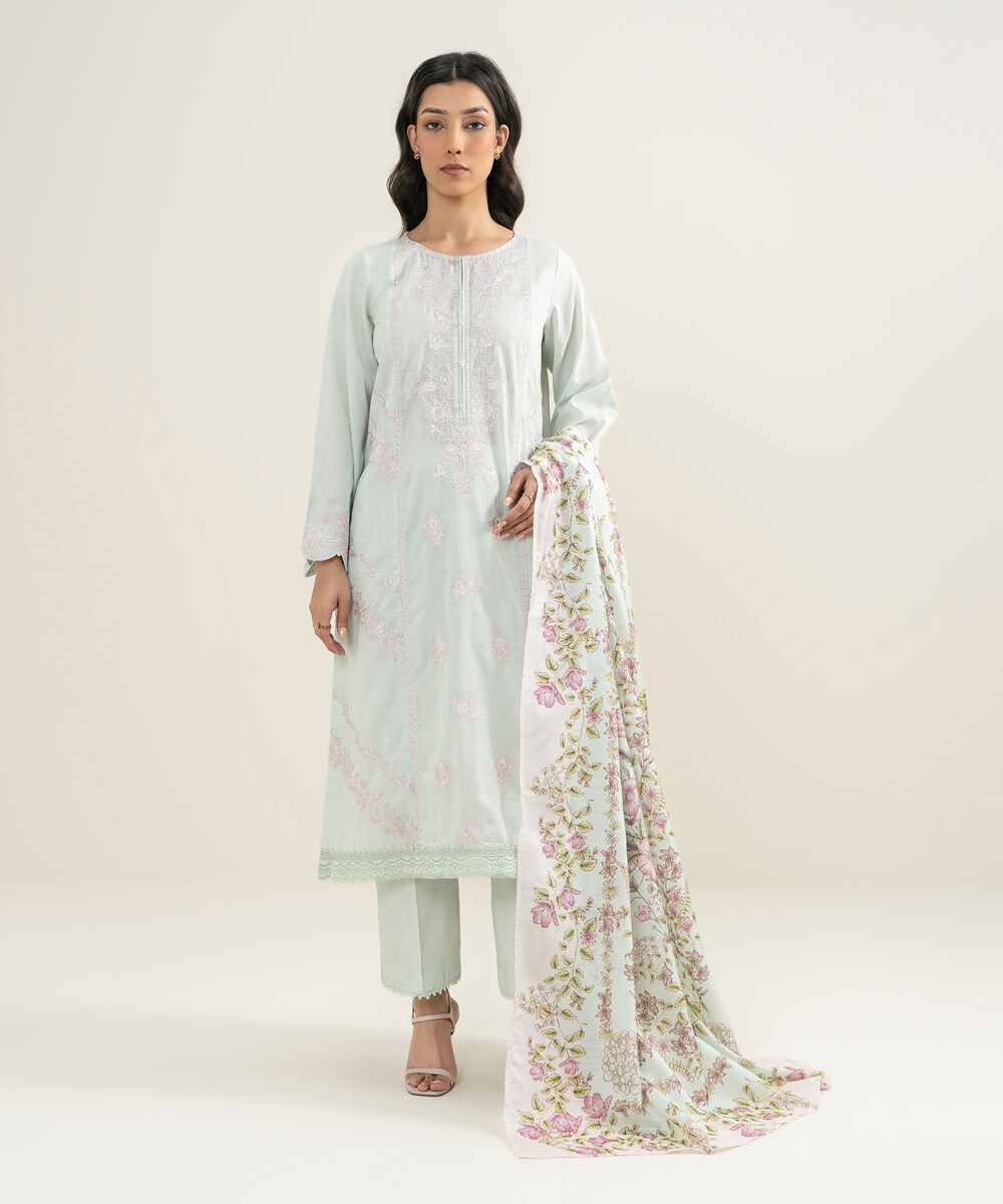 Women's RTW Self Jacquard Embroidered Mint Green A-Line Shirt