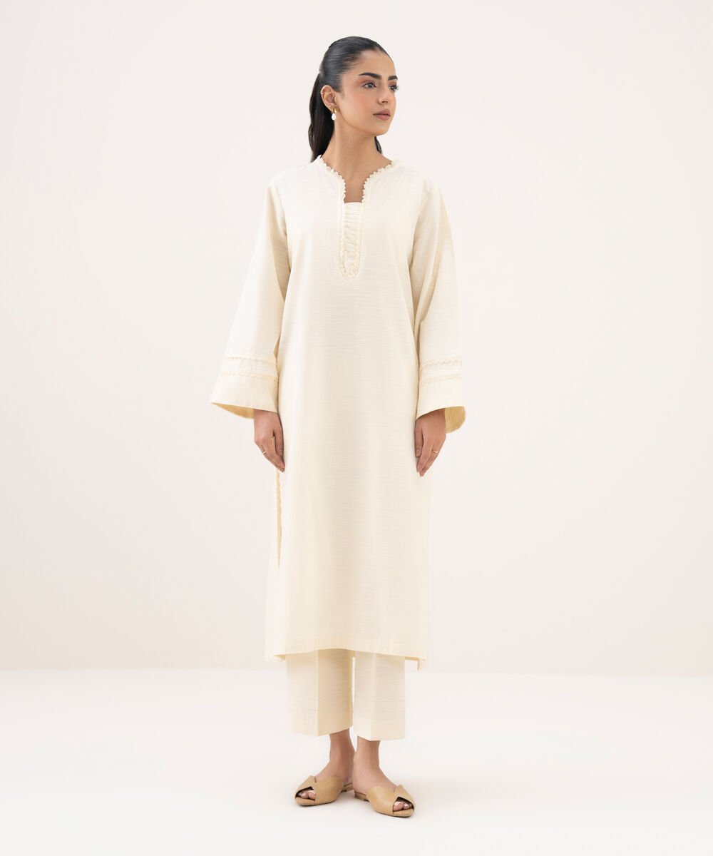Women's RTW Khaddar Embroidered A-Line Off White Shirt