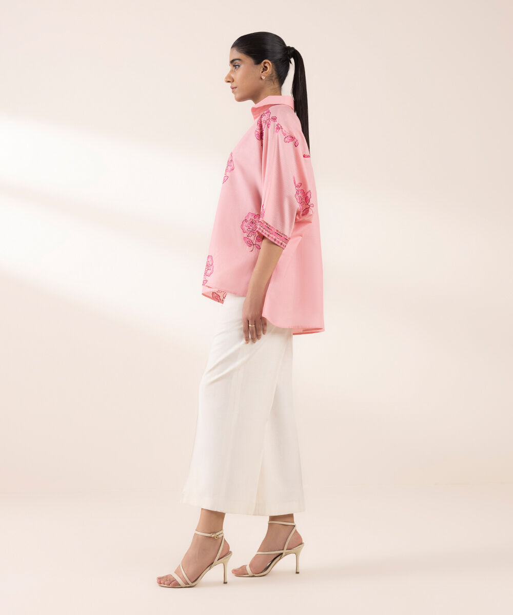 Women's RTW Dobby Pink Embroidered Drop Shoulder Shirt