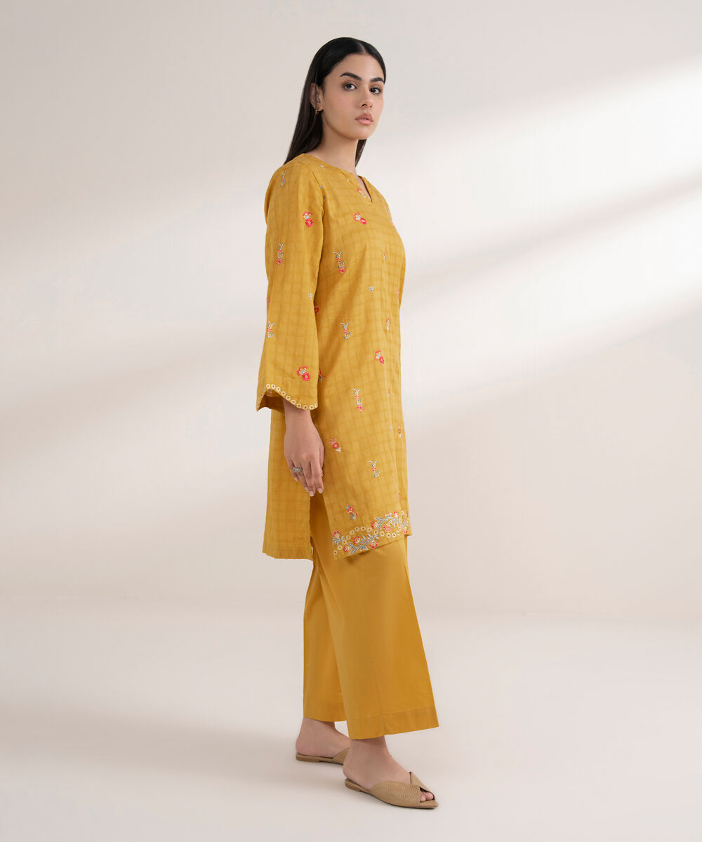 Women's RTW Textured Cotton Embroidered Straight Yellow Shirt
