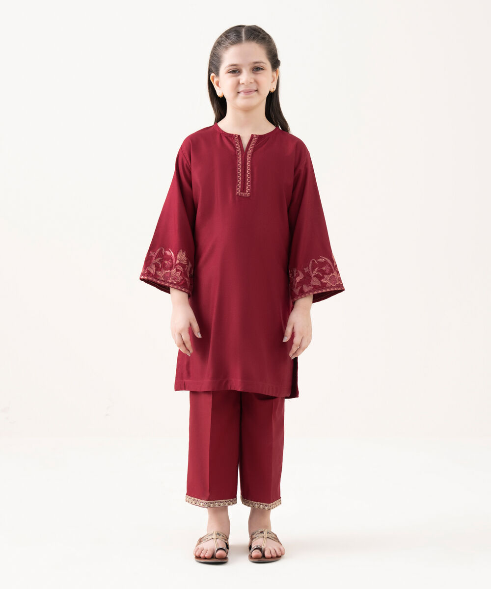 Girls Viscose Marina Maroon Dyed Kidswear Shirt and Trousers