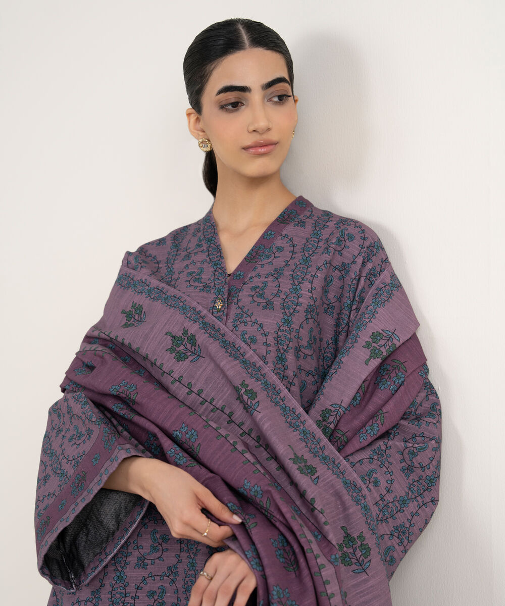 Women's Unstitched Printed Khaddar Purple 3 Piece Suit