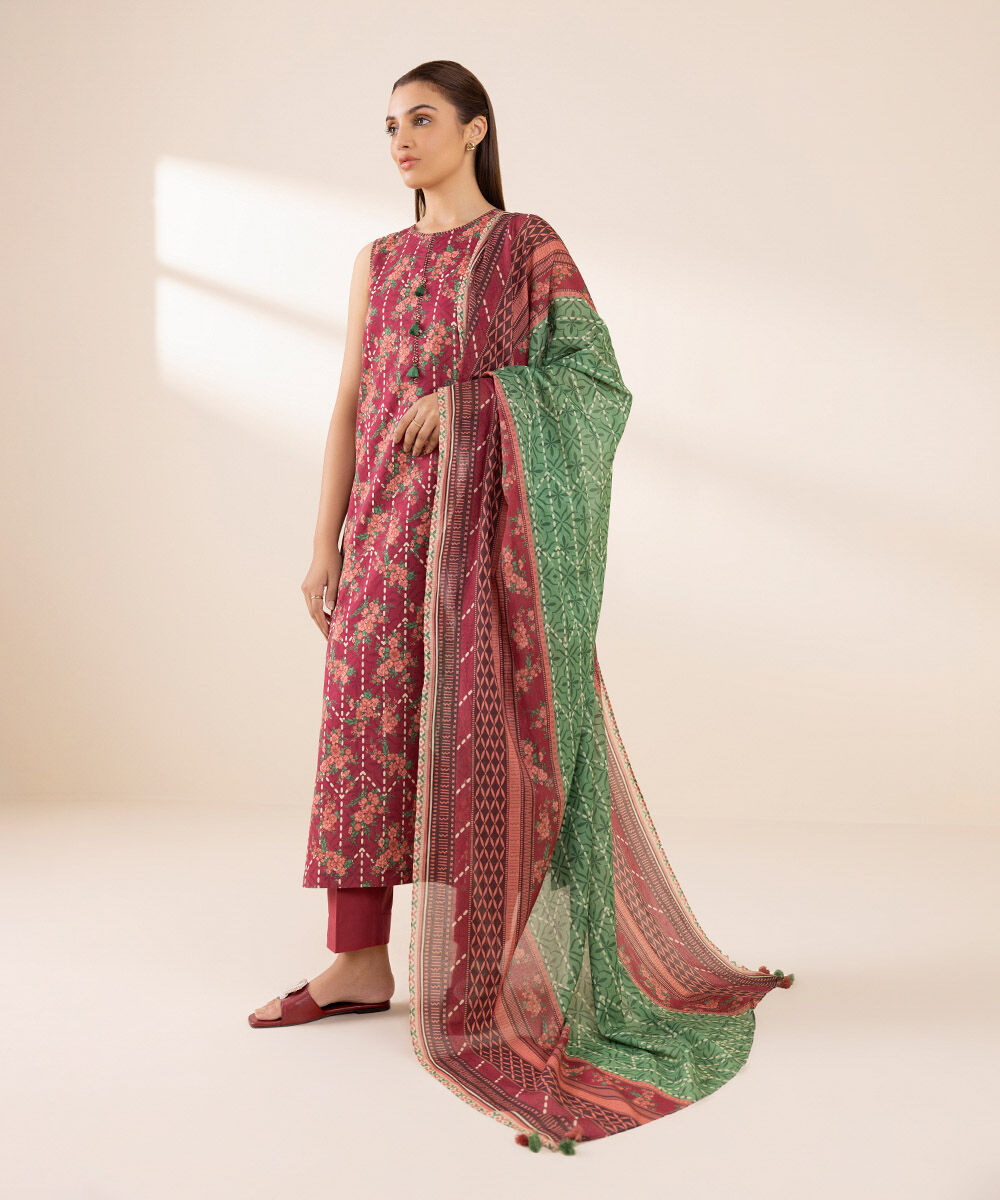 Unstitched Women's Red Lawn Printed Shirt Dupatta