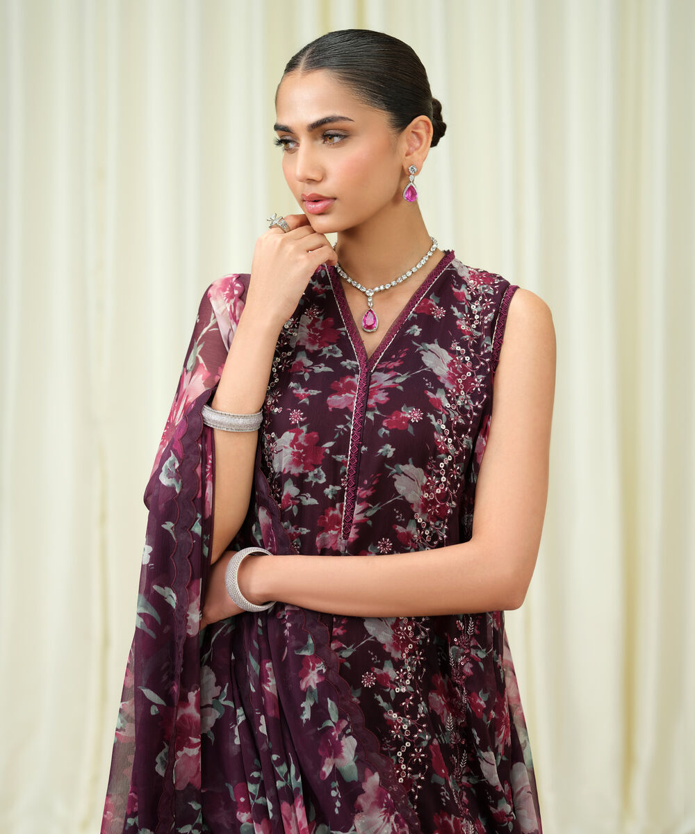 Women's Unstitched Blended Chiffon Embroidered Purple 3 Piece Suit
