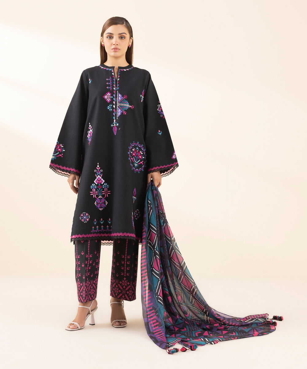 Women's Unstitched Dobby Embroidered Black 3 Piece Suit