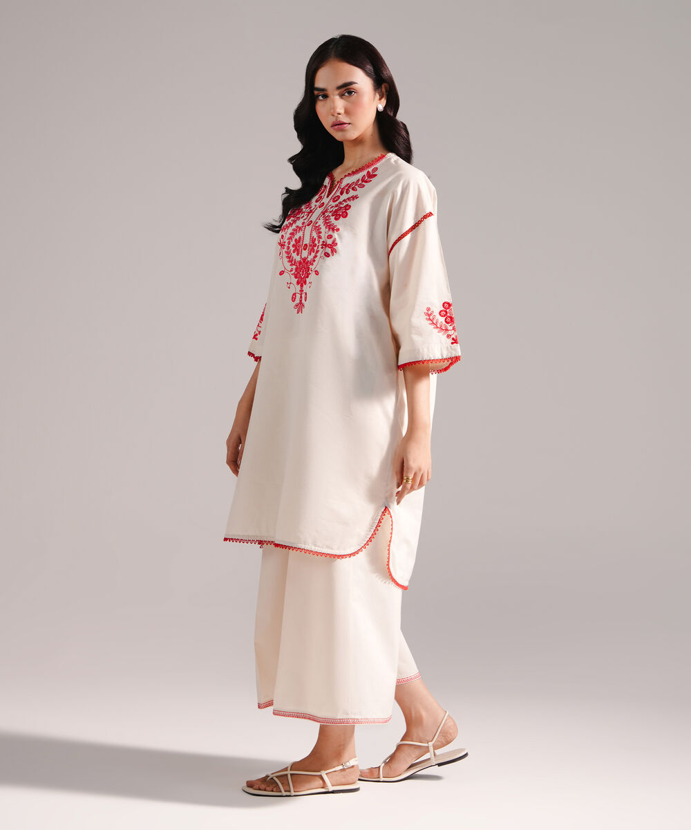 Women's RTW Zari Lawn Embroidered Beige Drop Shoulder Shirt