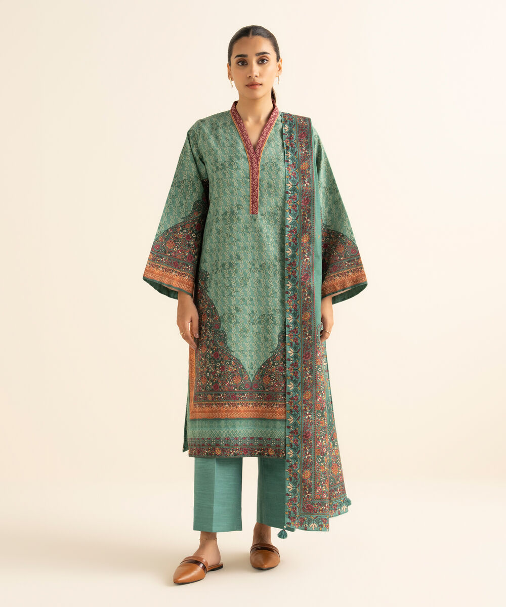 Women's Unstitched Khaddar Printed Green 3 Piece Suit