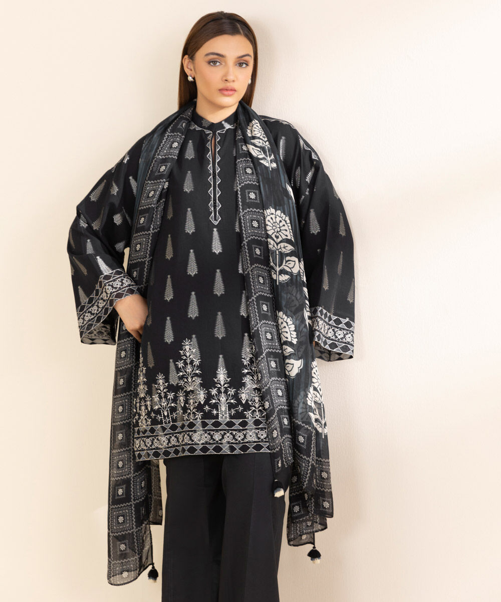 Women's Unstitched Black Extra Weft Jacquard, Jacquard 3 Piece Suit