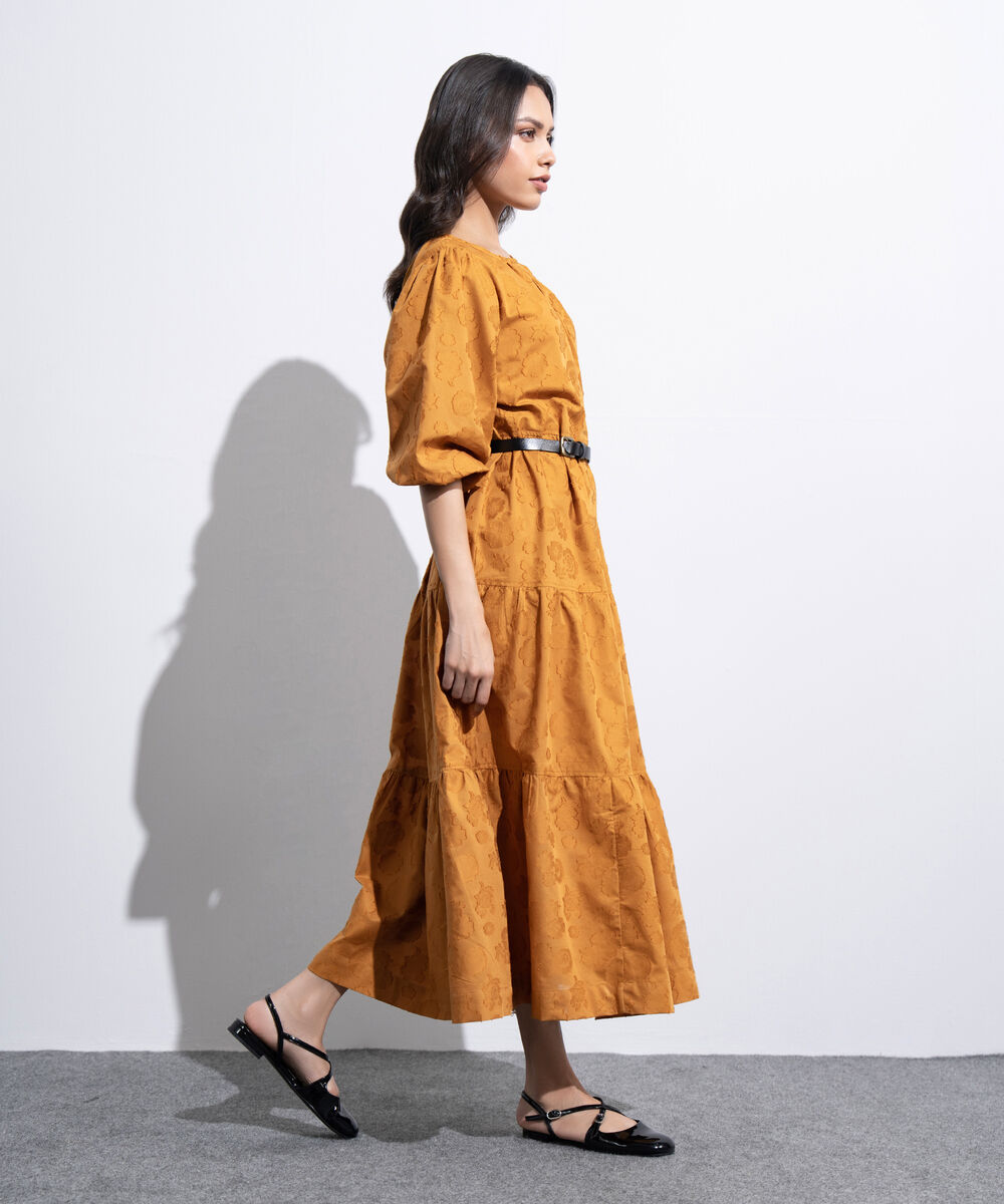 Women's Western Mustard Tier Dress With Puffed Sleeve