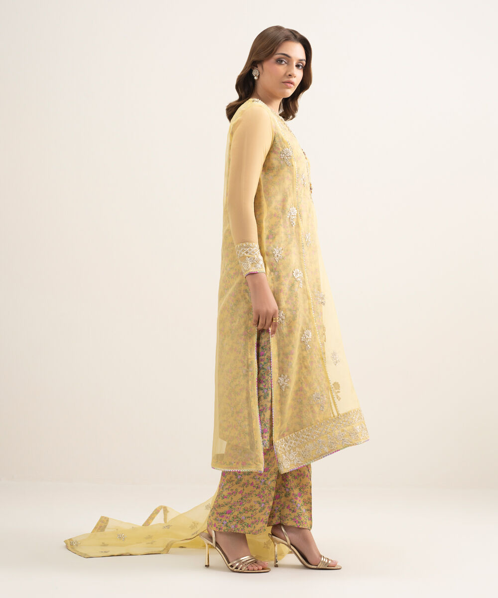 Women's RTW Blended Organza Embroidered Yellow 3 Piece Suit