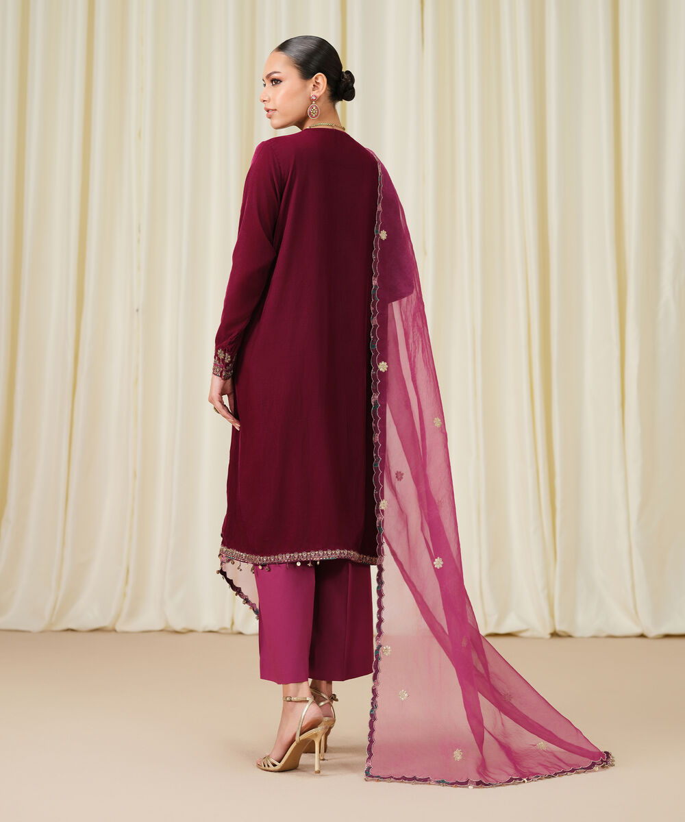 Women's Unstitched Embroidered Velvet Pink 3 Piece Suit