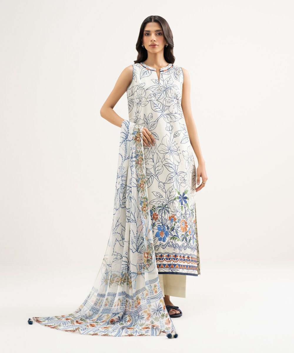 Women's Unstitched Lawn Embroidered Blue 3 Piece Suit