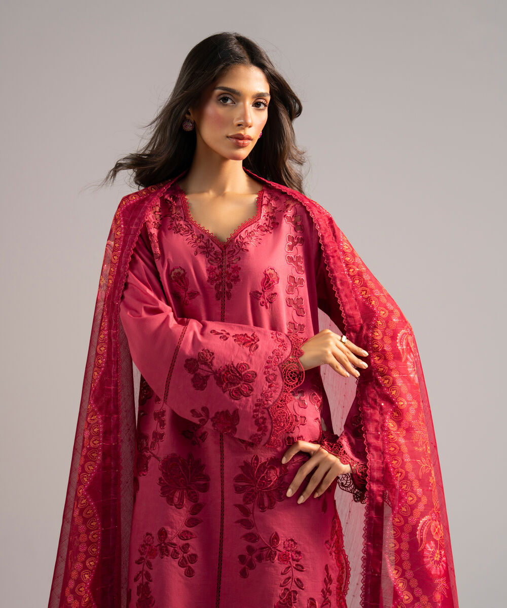 Women's RTW Lawn Embroidered Pink 3 Piece Suit