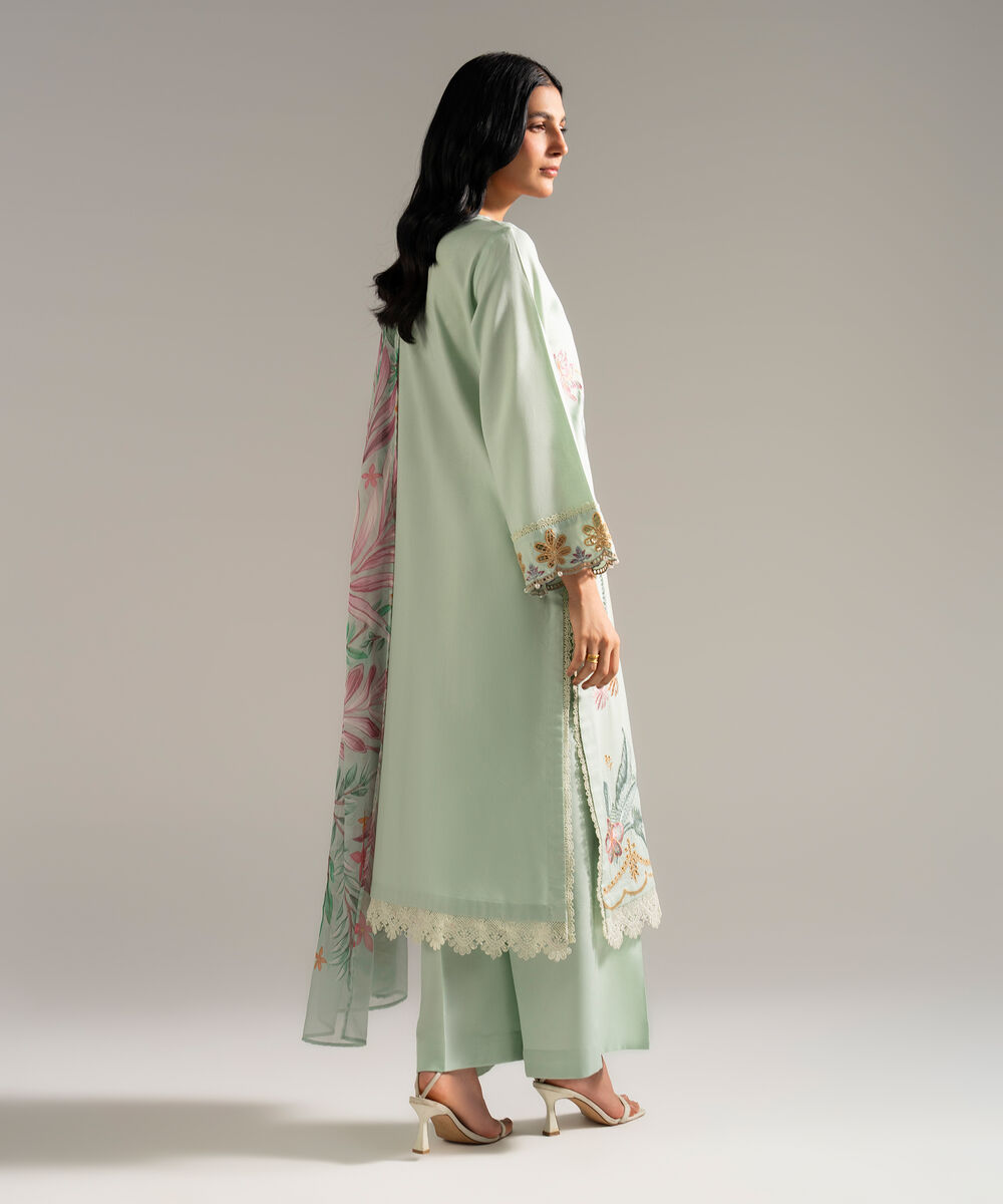 Women's RTW Dobby Crepe Embroidered Green 3 Piece Suit