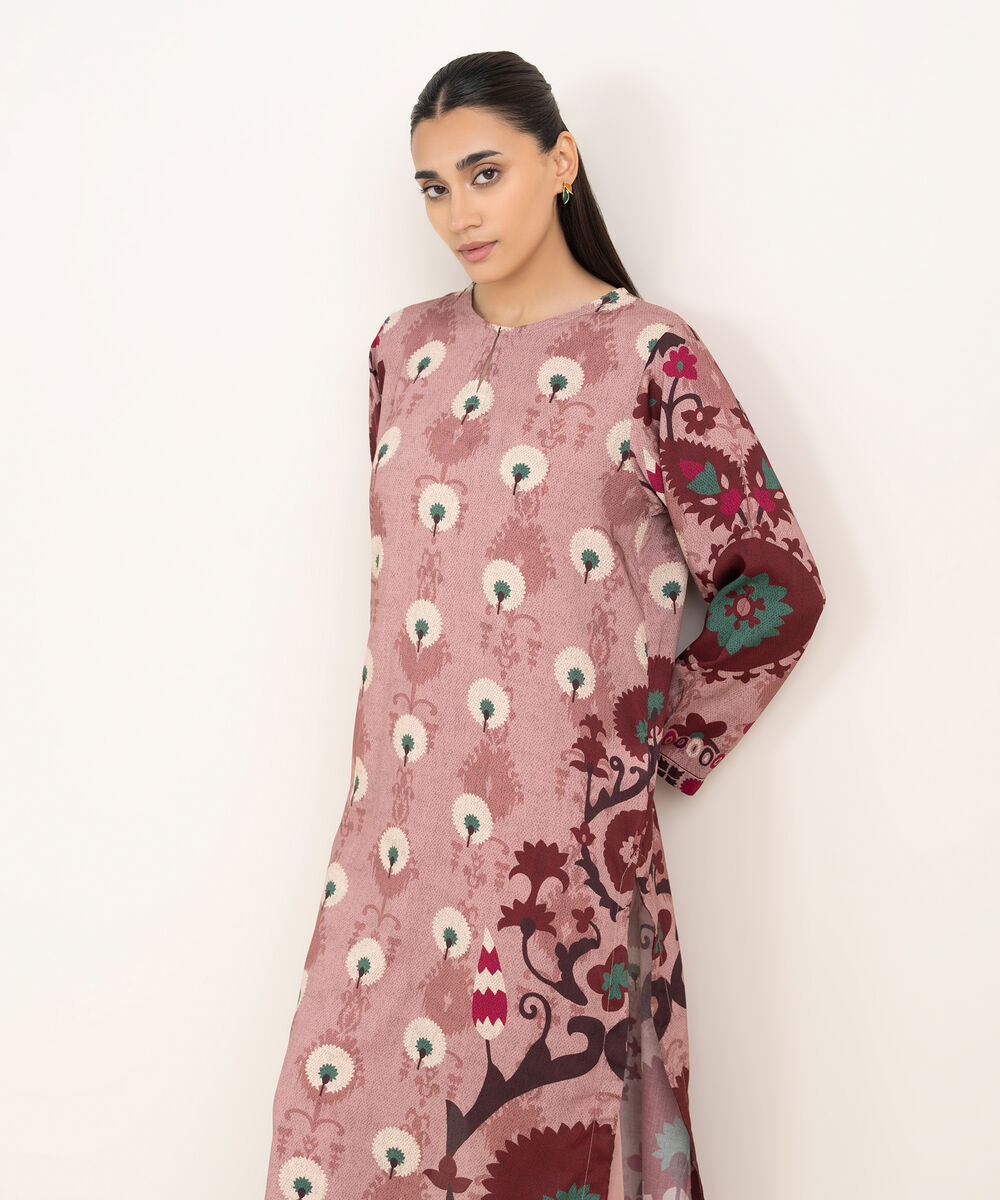Women's RTW Arabic Lawn Coral Pink Printed Drop Shoulder Shirt