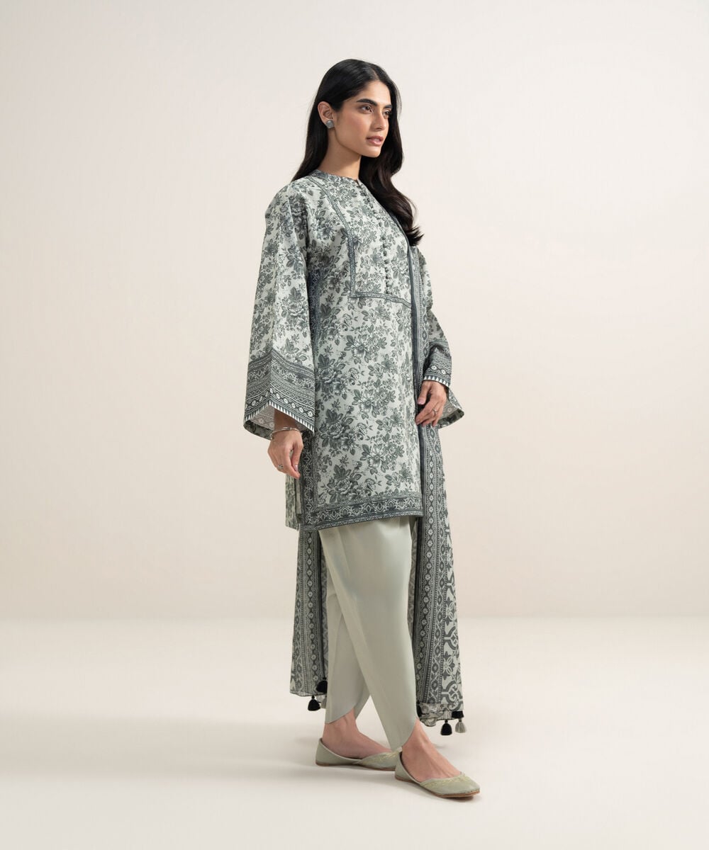 Women's Unstitched Lawn Printed Grey 3 Piece Suit