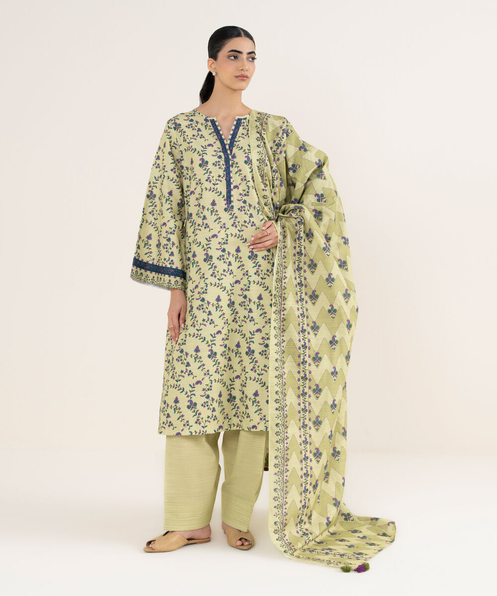 Women's Unstitched Printed Khaddar Beige 3 Piece Suit