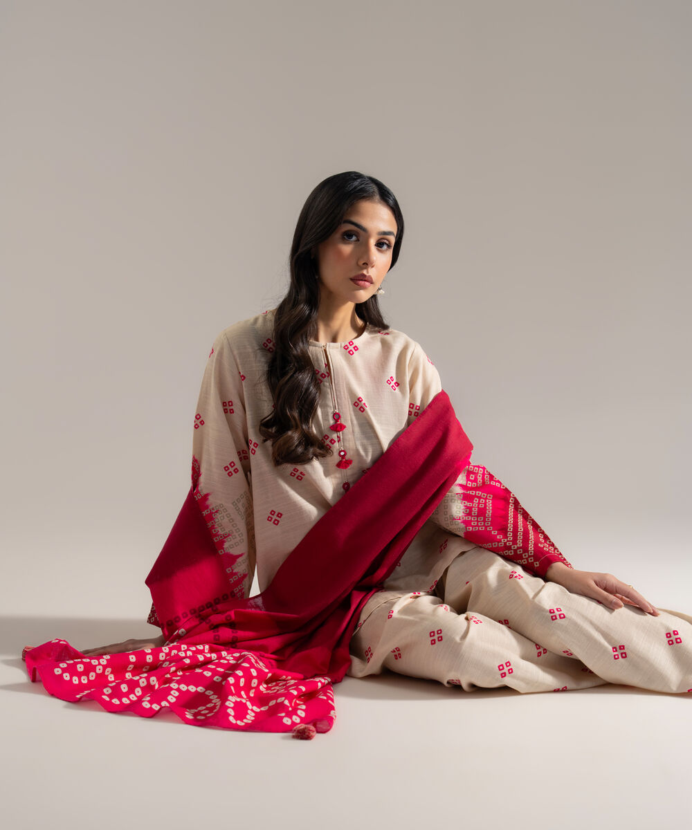 Women's RTW Khaddar Printed Off White 3 Piece Suit