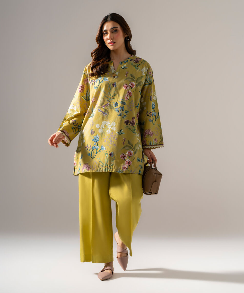 Women's RTW  Cambric Printed Muted Yellow Drop Shoulder