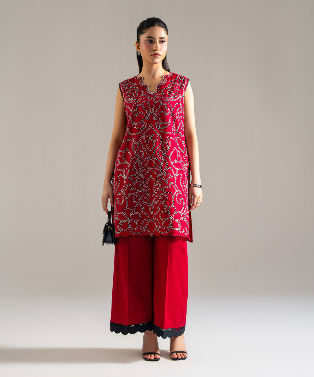 Women's RTW Lawn Embroidered Red 2 Piece Suit