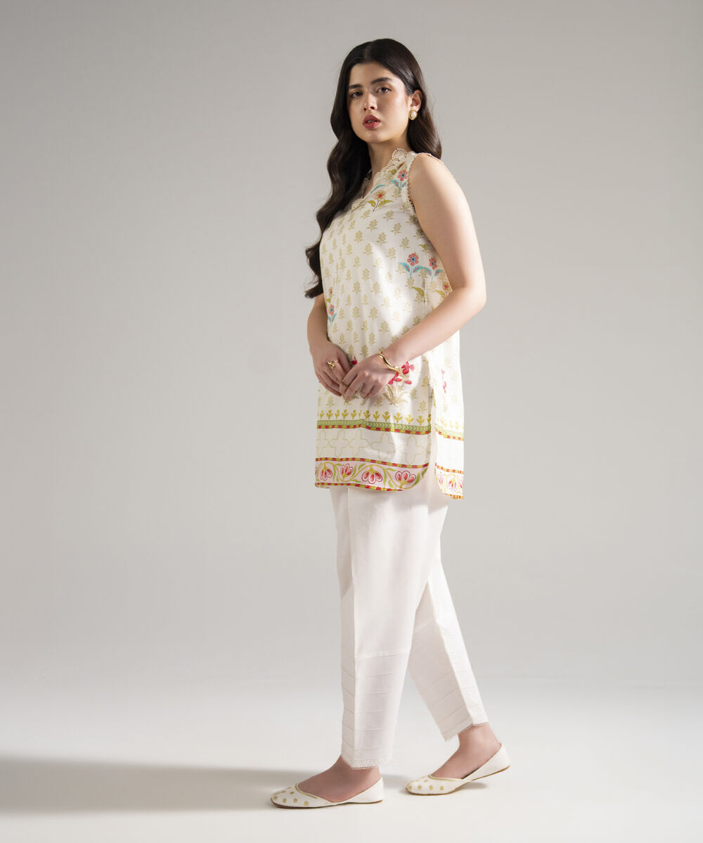 Women's RTW Slub Lawn Printed Cream White Straight Shirt