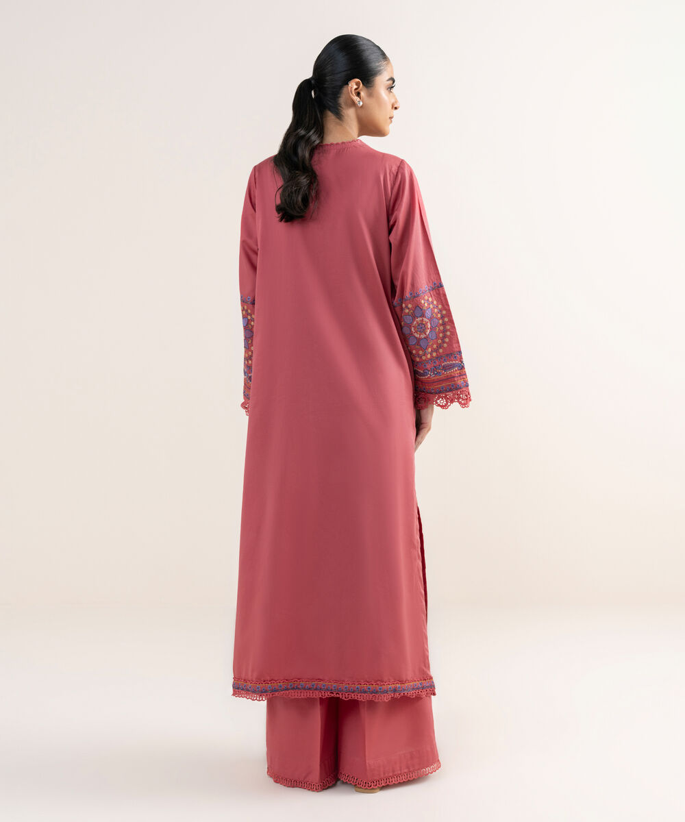 Women's RTW Cotton Satin Pink Embroidered A-Line Shirt