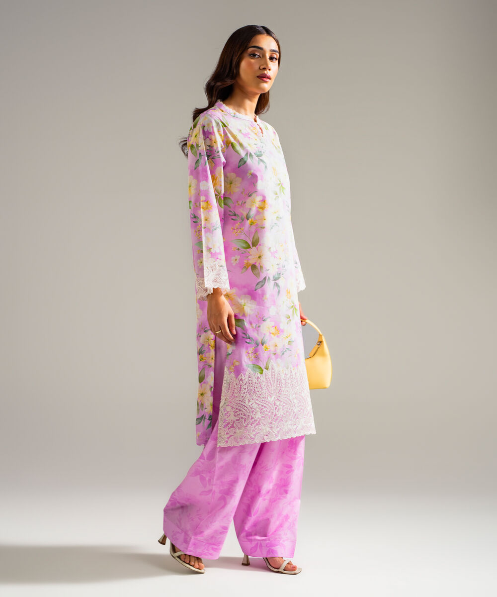 Women's RTW Lawn Embroidered Lavendar Straight Shirt