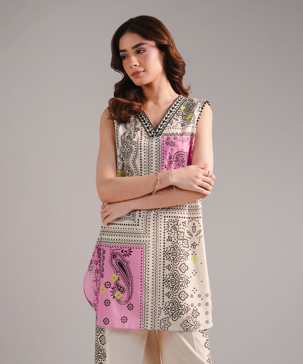 Women's RTW Lawn Printed Beige Straight Shirt