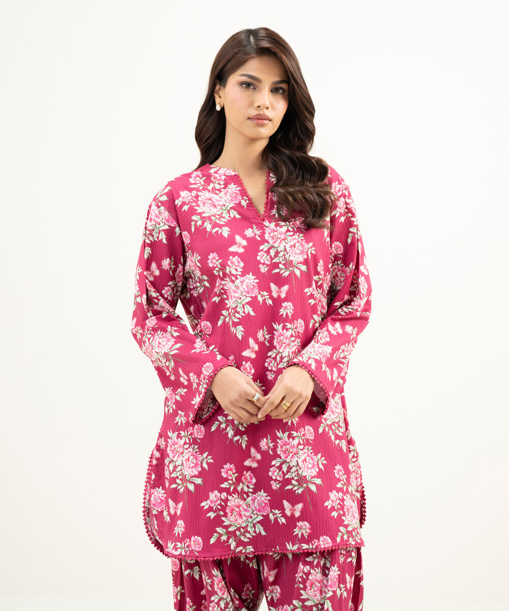 Women's RTW Seersucker Printed Dark Pink Straight Shirt