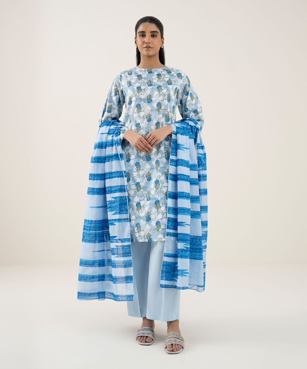 Women's Unstitched Lawn Printed Blue 3 Piece Suit