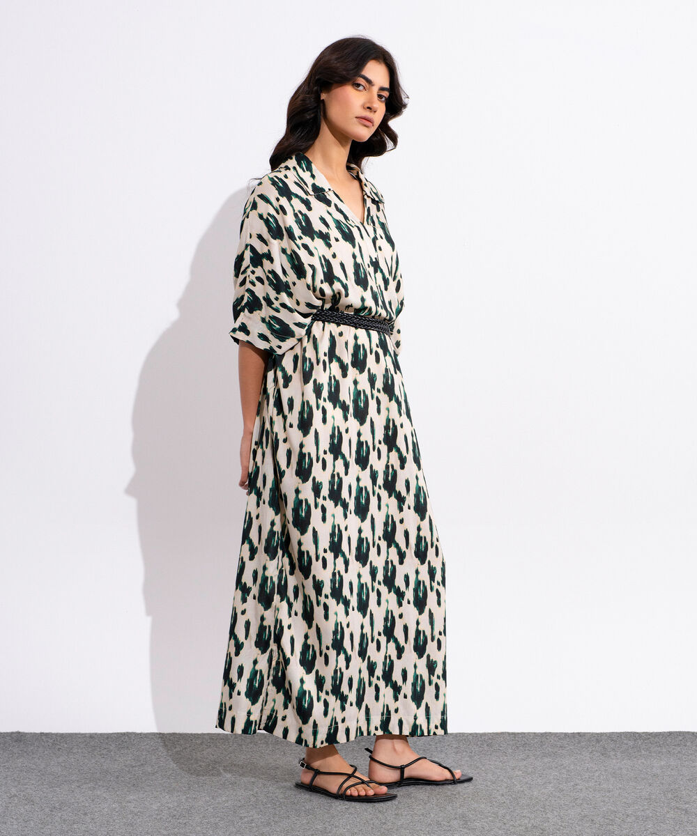 Women's Multicoloured Printed Kimono Dress With Leather Belt