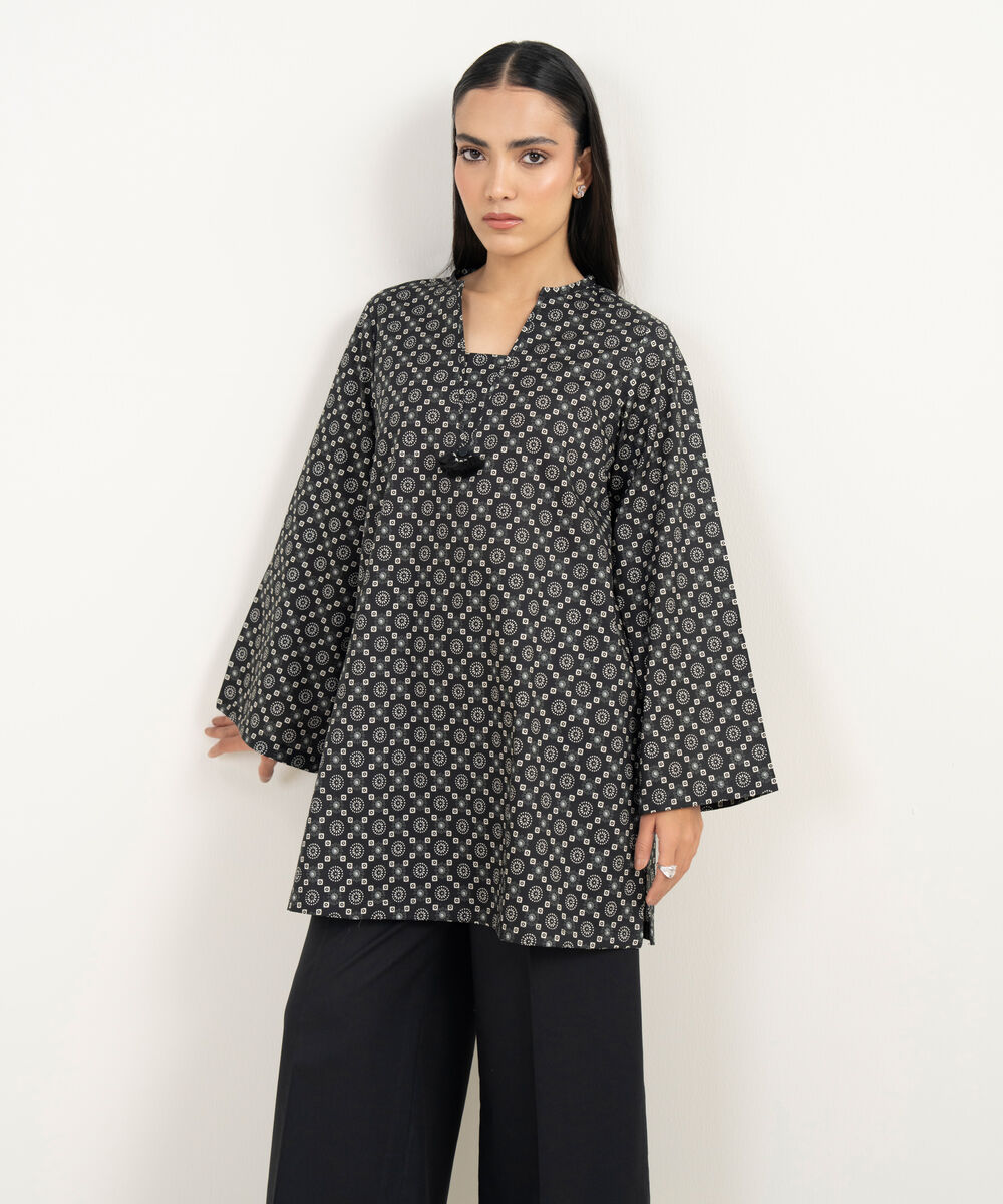 Women's RTW Cambric Printed Black Straight Shirt