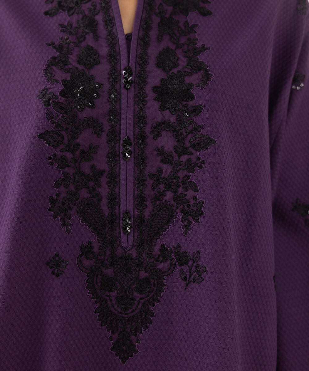 Women's Unstitched Dobby Embroidered Purple Three Piece Suit