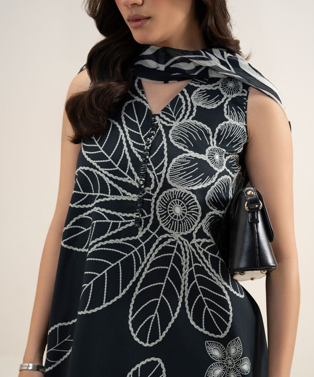 Women's Unstitched Lawn Printed Black 3 Piece Suit