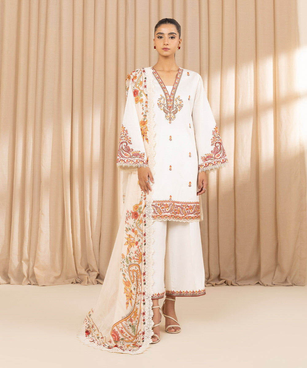 Unstitched Women's Embroidered Cotton Net Off White Three Piece Suit