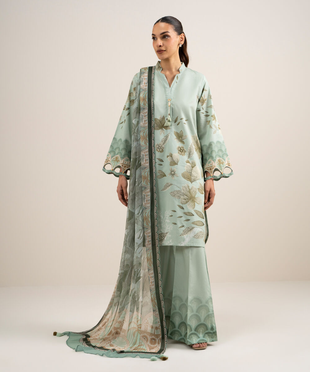 Women's Unstitched Lawn Printed Light Sage Green 3 Piece Suit